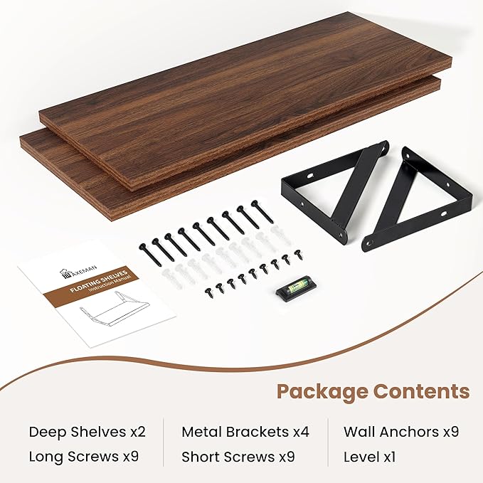 Axeman 20 Inch Floating Shelves | 8 Inch Deep Walnut Wall Shelves Set of 2 | 20''W x 8''D Rustic Walnut Shelves for Bathroom Living Room Bedroom Kitchen