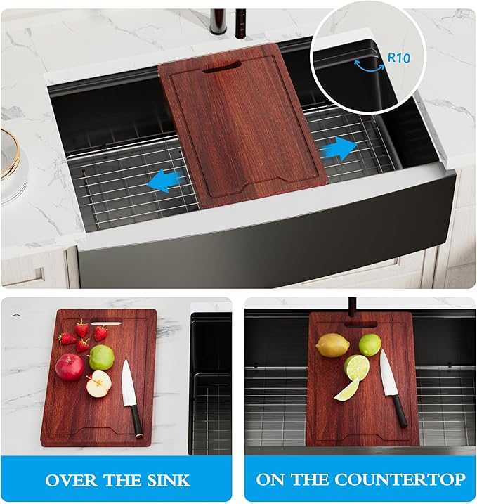 Farmhouse Sink, 33 x 22 Inch Undermount Black Stainless Steel Apron Front Single Bowl 10 Inch Deep Workstation Sink with Cutting Board