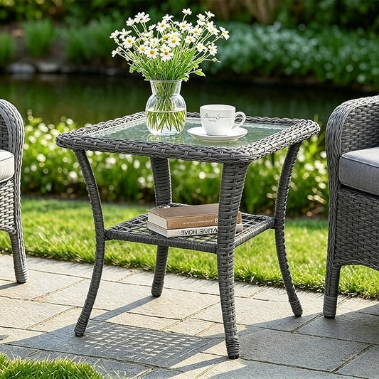 MEETWARM Wicker Outdoor Side Table, All-Weather Patio Rattan Side Table with Tempered Glass Top and Storage Shelf, Small Patio End Table for Outside Indoor Outdoor Balcony Porch Deck, Gray