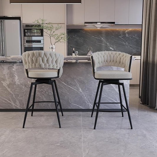 26" Bar Chair Linen Woven Bar Stool Set of 2,Black Legs Bar stools No Adjustable Kitchen Island Chairs,360 Swivel Bar Stools Upholstered Bar Chair Counter Stool Arm Chairs with Back Footrest (White)