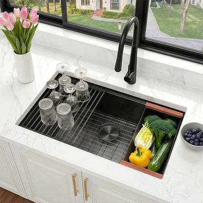 33x19 Inch Black Undermount Kitchen Sink, 16 Gauge 304 Stainless Steel Single Bowl Kitchen Sink, Workstation Sink with Accessories, 33x19x9 Large Deep Basin