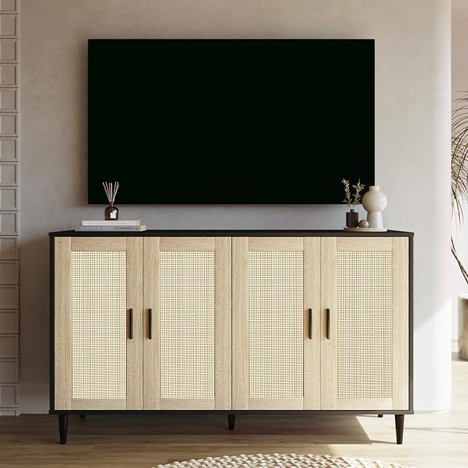 Black Buffet Sideboard,Kitchen Storage Cabinet with 4 Rattan Decorated Doors,Coffee Bar Cabinet with Adjustable Shelves for Living Room,Hallway