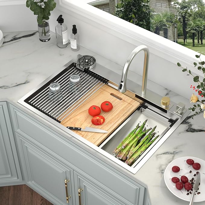 Kichae Waterfall Kitchen Sink Drop In - Kitchen Sink 33x22 Drop In Waterfall with Hot & Cold Water Stainless Steel 16 Gauge Workstation Sinks Handmade Single Bowl with Faucet Combo & Glass Rinser
