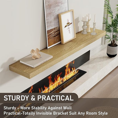 Fun Memories 48 Inch Floating Shelves for Wall 8 Inch Deep Oak Shelves Set of 2, Wall Mounted Rustic Wood Long Floating Shelf, Large Display & Storage Shelf with Invisible Brackets