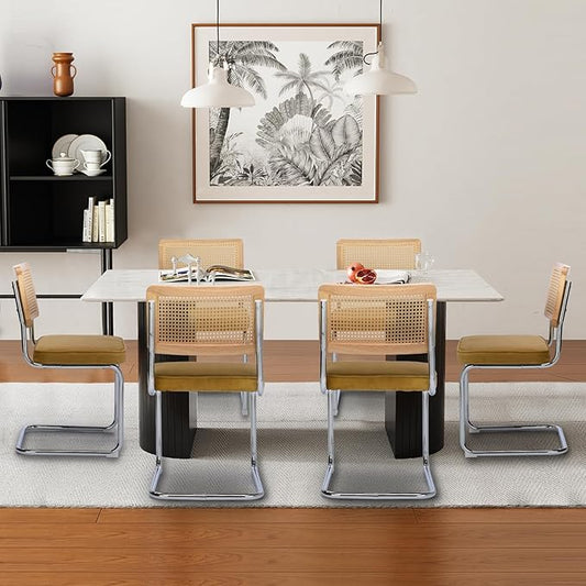 Rattan Back Velvet Dining Chair Set of 6 Modern Breuer Designed Stainless Chrome Base Armless Upholstered Dining Chair for Dining Room, Kitchen Island(Gold)