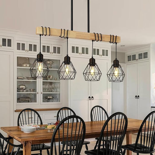 30" Farmhouse Kitchen Light Fixture, Black Hanging Kitchen Chandelier, 4-Light Rustic Dining Room Light Adjustable Height with Wood and Metal Frame, Suit for Farmhouse, Industrial Style