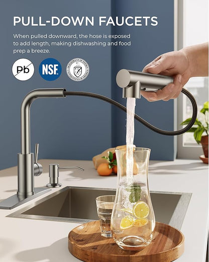 FORIOUS Kitchen Faucet with Soap Dispenser, Brushed Nickel Stainless Steel Sink Faucet with Pull Out Sprayer Modern Single Handle Suitable for Bar RV Farhouse Laundry Outdoor