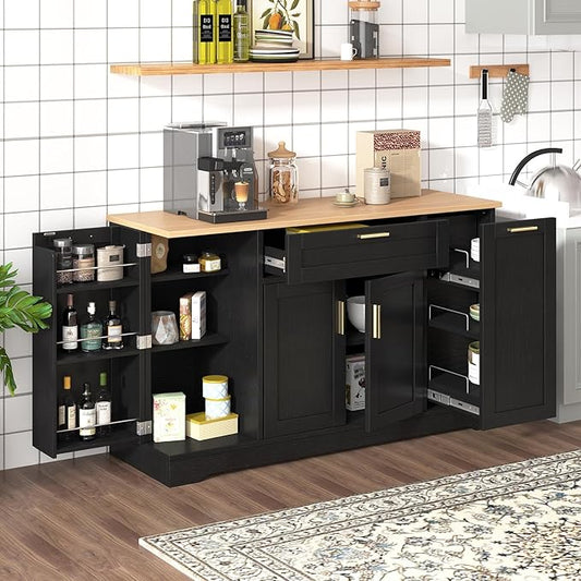 Modern Kitchen Island with Extendable Dining Table, Multi-Functional Storage Sideboard with Adjustable Shelves and 3-Tier Pull-Out Rack, Islands Cart for Kitchen, Dining Room, Living Room (Black)