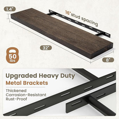 Fun Memories Solid Elm Wood Floating Shelves Set of 2-32 Inch Rustic Wall Shelves with Heavy-Duty Invisible Brackets - for Living Room, Kitchen, Bedroom, Bathroom - Walnut Finish