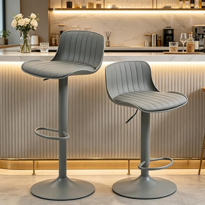 Bar Stools Set of 2 with Backrest, Adjustable Height Upholstered Barstools, Swivel Leather Island Chairs, Modern Armless Stools for Bar, Kitchen Island, Dining Room (Gray)