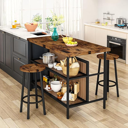 DKLGG 3 Piece Dining Table Set for 2,Kitchen Island with Seating & Storage,Industrial Bar Table and Chairs Set,Space-Saving Pub Table Set for Small Space (Rustic Brown)