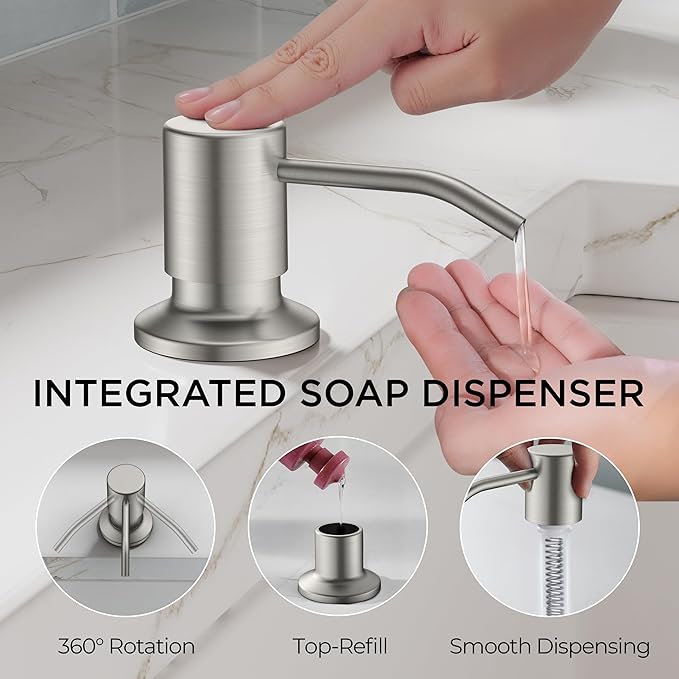 FORIOUS Kitchen Faucet with Pull Down Sprayer, Modern Single Hole Kitchen Sink Faucet with Soap Dispenser, Deck Plate, Brushed Nickel Single Handle, High Arc Stainless Steel for RV Farmhouse Laundry