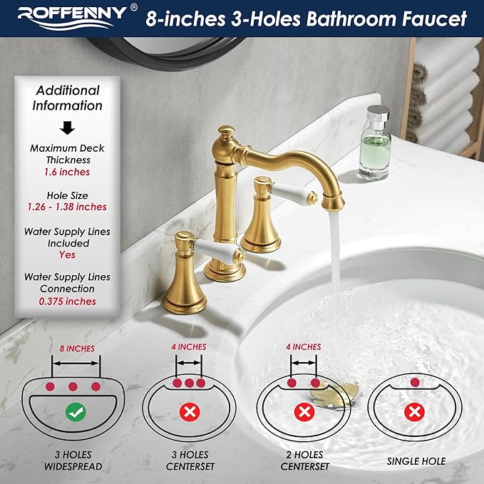 Porcelain Brushed Gold Bathroom Faucet 8 inch Widespread for 3 Holes with Plastic Pop-Up Drain & 2Pcs Water Supply Lines, Classical 2-Handle Gold Vanity Sink Faucets, 360° Swivel Brass Spout