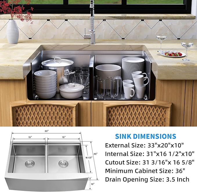 MILOSEN 33x20x10 Inch Farmhouse Kitchen Sink, Undermount 16 Gauge Stainless Steel 50/50 Double Bowl Sink, Workstation Apron Front Farm Sink with Integrated Ledge & Accessories, 10'' Deep Handmade Sink