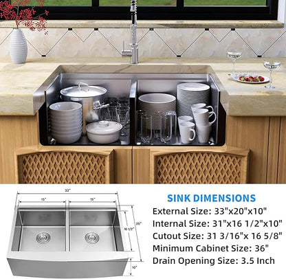 MILOSEN 33x20x10 Inch Farmhouse Kitchen Sink, Undermount 16 Gauge Stainless Steel 50/50 Double Bowl Sink, Workstation Apron Front Farm Sink with Integrated Ledge & Accessories, 10'' Deep Handmade Sink