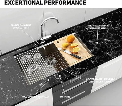 YSSOA 32-Inch Undermount Workstation Kitchen Sink, 20 Gauge Single Bowl Stainless Steel with 5 Accessories (Sink + Cutting Board+Bottom Grid + Drain+Dish drying rack), Silver