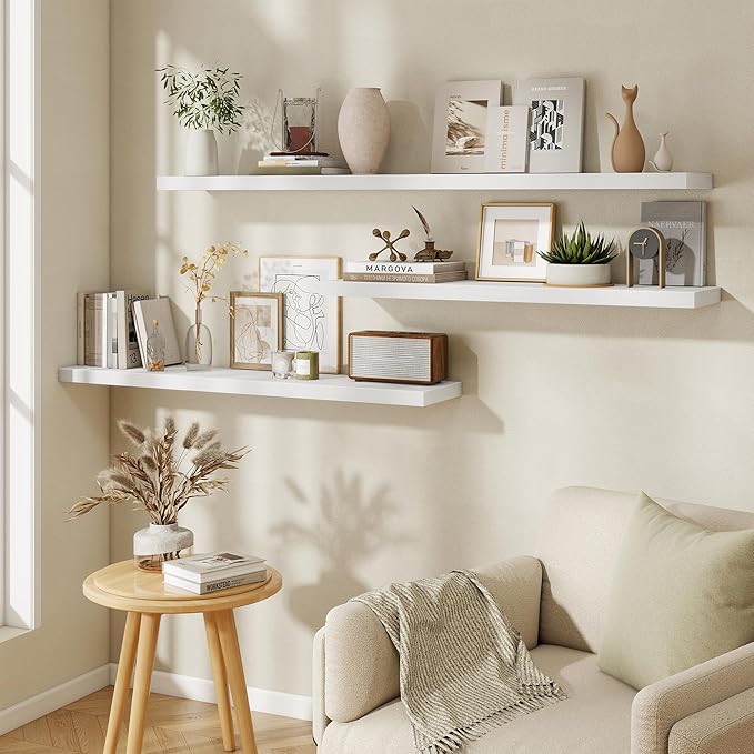 Fun Memories 48 Inch Floating Shelves in White, 9.3 Inch Deep Floating Shelf for Bathroom Living Room Kitchen, Rusitc Wall Mounted Bathroom Shelves 2 Pack, Heavy-Duty Deep Shelf for Books Decor