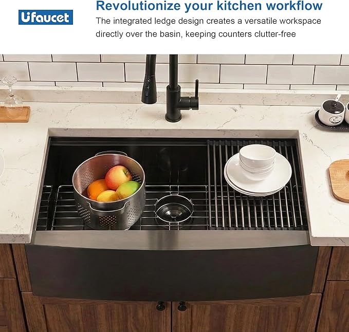 33 Black Farmhouse Sink, Undermount 33x20x9 Apron Front Farm Ktichen Sink Stainless Steel Single Bowl 16 Gauge with Accessories