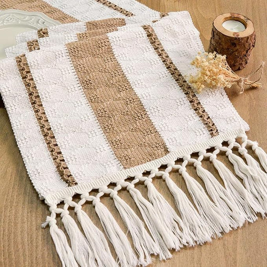 FEXIA Boho Table Runner for Hoilday Spring Home Decor with Tassels Pottery barn Furniture Farmhouse Rustic Macrame Burlap Table Decoration for Living Room (12x48 Inches)