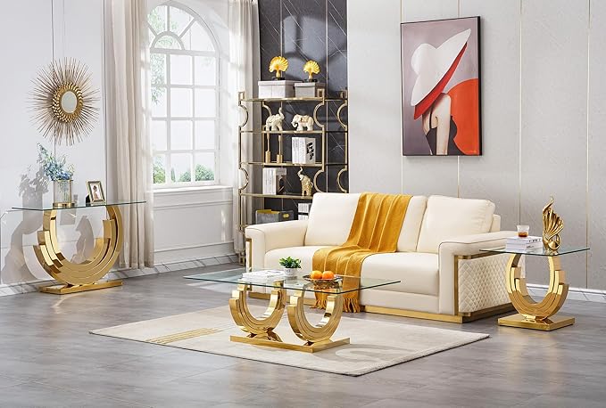 HomVent Glass Coffee Table Set of 2, 1 Console Table Living Room Set, 2 Piece Modern Gold Tempered Glass Top Side Tables Bedroom Set of 2 Rectangle Dinner Bedside Eating Sets for Living Room Bedroom