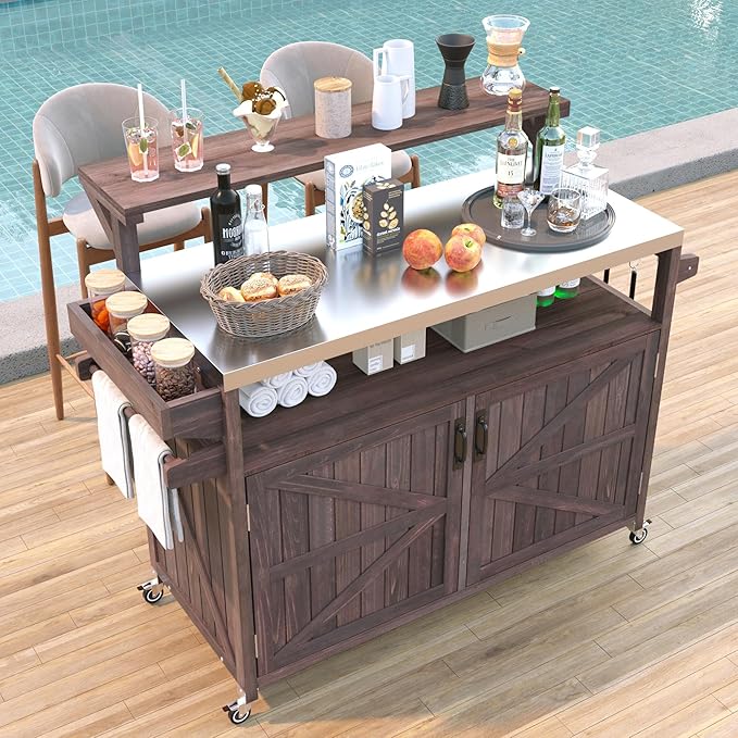YOPTO 53.3" Outdoor Kitchen Island with Raised Shelf,Solid Wood Grill Cart,Stainless Steel Top,Adjustable Shelf,Spice Rack,Lockable Wheels,Brown