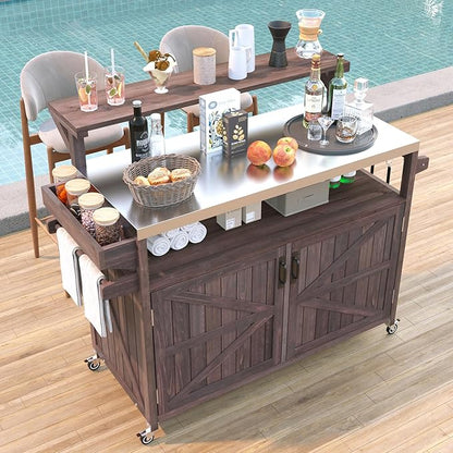 YOPTO 53.3" Outdoor Kitchen Island with Raised Shelf,Solid Wood Grill Cart,Stainless Steel Top,Adjustable Shelf,Spice Rack,Lockable Wheels,Brown
