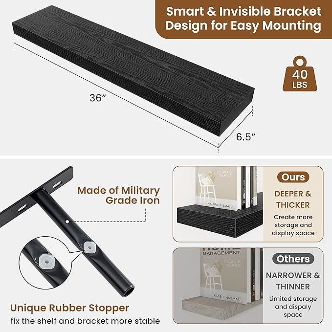fuqing Floating Shelves for Wall, Wall Mounted Wood Floating Shelf with Invisible Brackets for Living Room, Bathroom, Bedroom, Kitchen Storage and Decor, 36 Inch Set of 2, Black