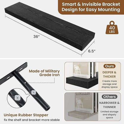 fuqing Floating Shelves for Wall, Wall Mounted Wood Floating Shelf with Invisible Brackets for Living Room, Bathroom, Bedroom, Kitchen Storage and Decor, 36 Inch Set of 2, Black