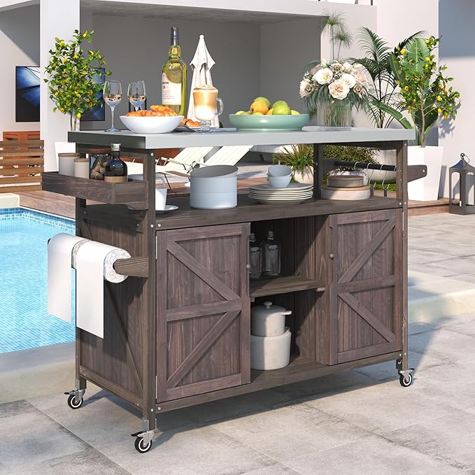Modern Dining Table Outdoor Kitchen Island with Cabinet, Rolling Bar Cart, Farmhouse Solid Wood Grill Table with Stainless Steel Top, Spice Rack, Towel Rack for Kitchen Dining Room Tables,Brow