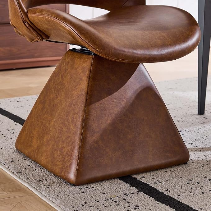 Modern Swivel Dining Chair, Comfy Upholstered Kitchen Chair with Curved High Backrest and Solid Wood Frame for Kitchen Island, Desk, Living Room, Faux Leather (1, Brown)