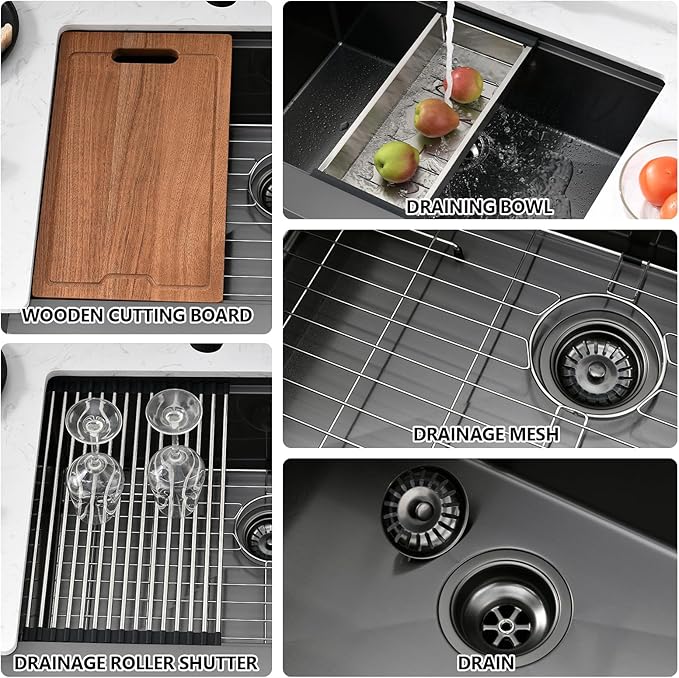 PEPO 33 Inch Black Undermount Kitchen Sink Workstation with Cutting Board & Accessories 16 Gauge Stainless Steel Hides Scratches NANO-PVD Finish 33x19x10 Deep Single Bowl
