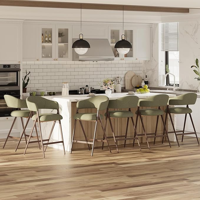 COLAMY Bar Stools Set of 6, Counter Height Bar Stools with Back, Modern Upholstered Island Stools with Metal Legs for Kitchen Island, Counter, Dining Room, Green