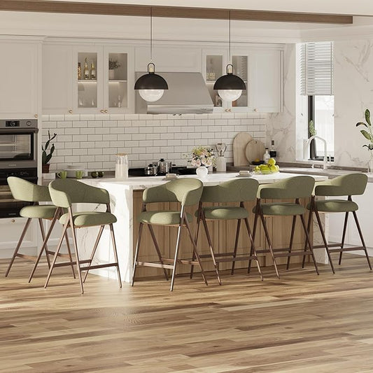 COLAMY Bar Stools Set of 6, Counter Height Bar Stools with Back, Modern Upholstered Island Stools with Metal Legs for Kitchen Island, Counter, Dining Room, Green