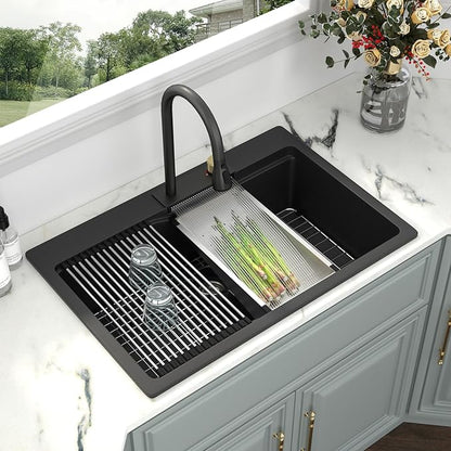 Kichae 33 Kitchen Sink Drop In Waterfall - 33"x22" Black Granite Quartz Composite Smart Single Bowl Waterfall Workstation with Pull Down Faucet Combo