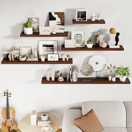 RICHFOCUS Floating Shelves for Wall 55 Inch Solid USA-Sourced Oak Wooden Shelves for Bathroom Kitchen 9" Deep Modern Wood Shelf with Heavy-Duty Bracket for Wall Mounted, Walnut Finish