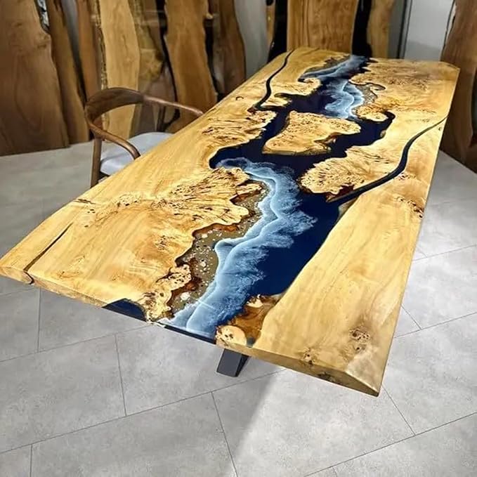 RESINHOMEFURNITURE Large Indoor Blue Island Ocean Look Epoxy Resin Dining Table Coffee Table End Table Wooden Table Living Room Table Bar Counter Home Décor Patio Table