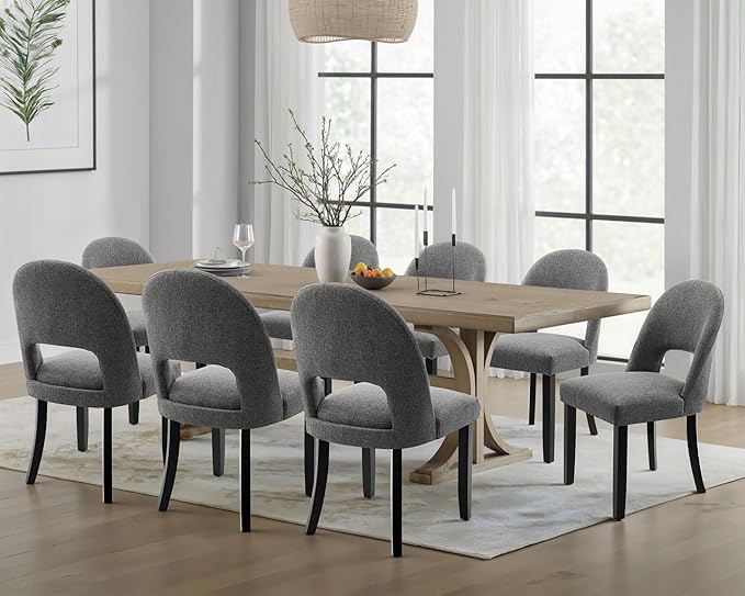 Dining Chairs Set of 8, Modern Farmhouse Upholstered Kitchen Chairs, Wooden Dining Room Chairs with Grey Linen Fabric