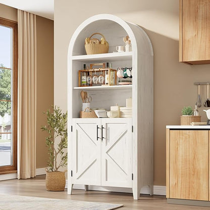 IDEALHOUSE Arched Kitchen Pantry Cabinet with Doors - 5-Tier Open Display Shelf with Nice Texture, Farmhouse Storage Cabinet for Kitchen, Dining Room, Living Room, White