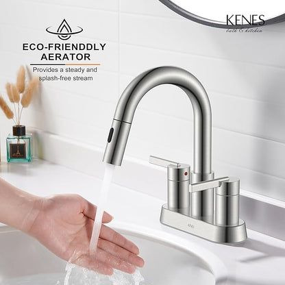 KENES Brushed Nickel Pull Down Bathroom Faucet, 4 Inch 2 Handle Centerset Bathroom Faucet 3 Hole with Pull Out Sprayer, Bathroom Sink Faucet with Pop Up Drain & Supply Lines LJ-9069
