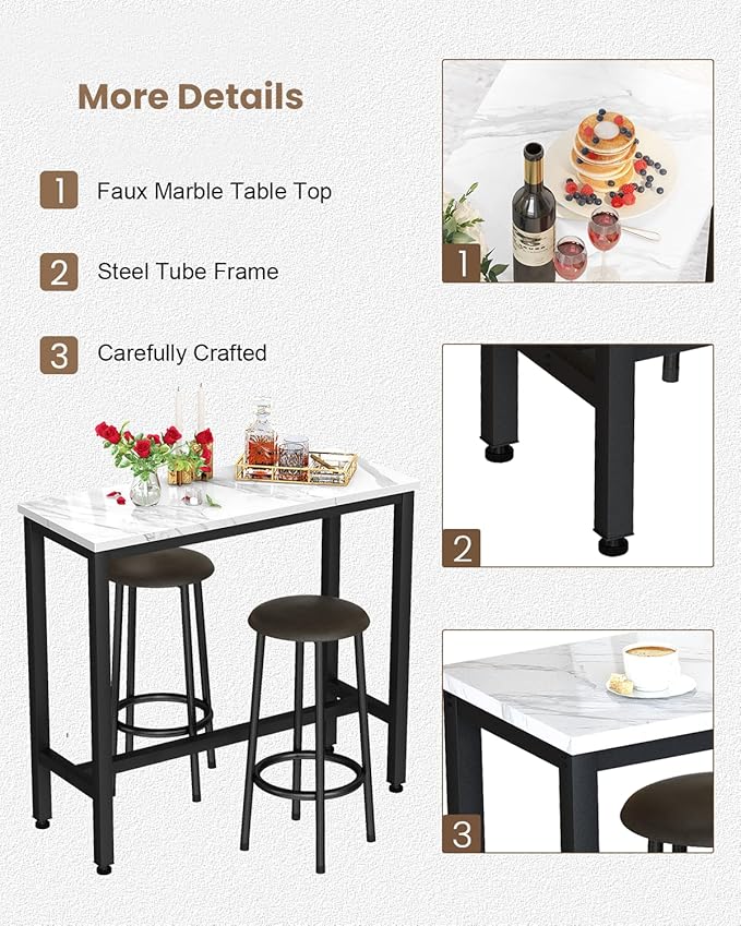 Recaceik Dining Table Set, 39.4” Rectangle Pub Dining Set Kitchen Table Set Bar Table with Stools, 3-Piece Breakfast Table Set with Metal Frame for Kitchen Dining Room w/ 2 Chairs - White*
