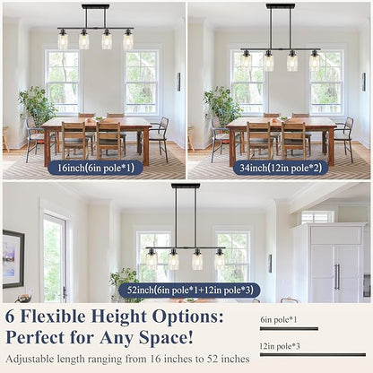 Dining Room Light Fixture Over Table, 4-Light Kitchen Island Lighting Hanging, Farmhouse Linear Chandelier for Dining Room, Matte Black Pendant Light Fixtures with Clear Glass Shade for Kitchen Island