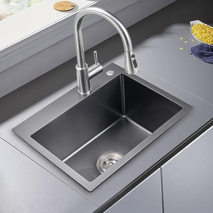 22x18 inch Drop in Kitchen Sink Black - Top mount Bar Sink Single Bowl, 9 inch Deep Stainless Steel Rv Sinks Handmade with Strainer