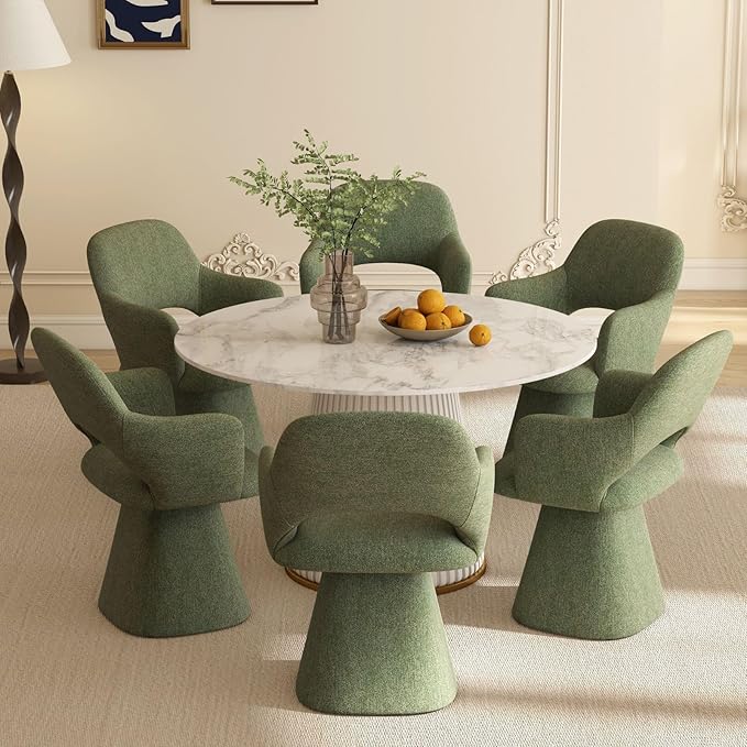 Green Modern Swivel Dining Chairs Set of 6, Upholstered Chenille Dining Room Chairs with Curved High Back, Comfy Side Armchair for Kitchen Reception Bedroom