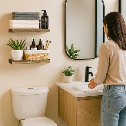 BGMG Wood Floating Shelves for wall 12 inch Set of 2, Rustic Wooden Wall Mount Shelves for Bathroom Living Room Bedroom Kitchen Farmhouse -12x 6.7 x1.25 inch- Walnut Color