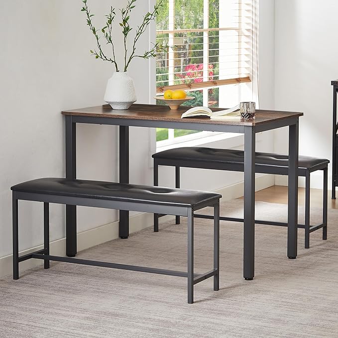 Dining Table Set for 4, Wood Kitchen Table & Chair with 2 Upholstered Benches for Breakfast Nook and Small Space, Brown