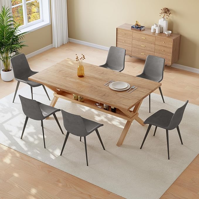 HIPIHOM 63" Dining Table Set for 6 People, MDF Kitchen Table with PU Leather Chairs, Heat-Resistant Top abd Metal Legs, Mesa de Comedor Perfect for Family Gatherings