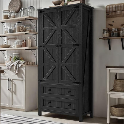 YITAHOME Farmhouse Kitchen Pantry Cabinet, 64.5" Tall Storage Cabinet with 2 Drawers & Adjustable Shelves, Ideal for Kitchen, Living Room, or Entryway, Oak Black