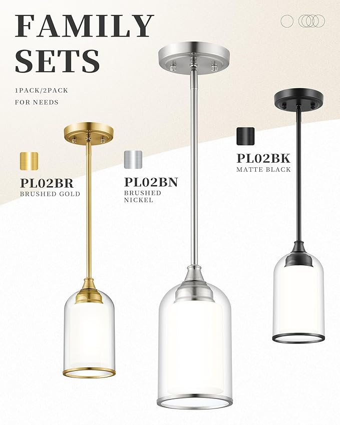 LIROUVET Modern Pendant Lights - Dual Glass Pendant Lights Kitchen Island, Brushed Nickel Hanging Lamp with Clear and Milk Glass, 1=Light Pendant Lighting for Kitchen, Dining Room, PL02BN