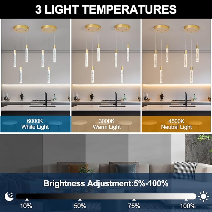 3 Light Pendant Lights Kitchen Island,Modern LED Bubble Crystal Pendants with Dimmable 3000K-6000K Ceiling Hanging Light Fixture for Dining Room Bedroom,Gold Finish,Adjustable Height 59"