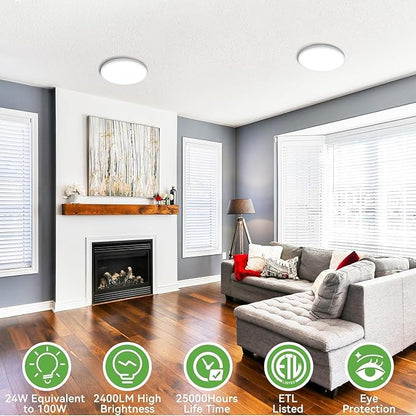 zemty Flush Mount Ceiling Light 9Inch 24W 2400LM Flat Led Lighting Fixture for Ceiling - 3000K 4500K 6000K Selectable - Super Thin & Low-Profile Round Lamp for Bedroom Kitchen Bathroom Garage, 6PACK